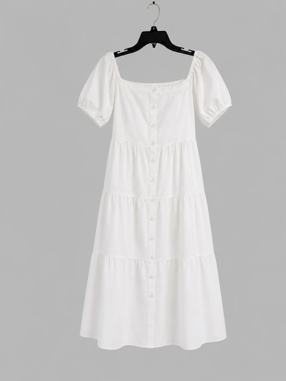New York & Company White Tiered, Puff Sleeve Midi Dress Cottagecore Boho Coastal - Picture 3 of 8